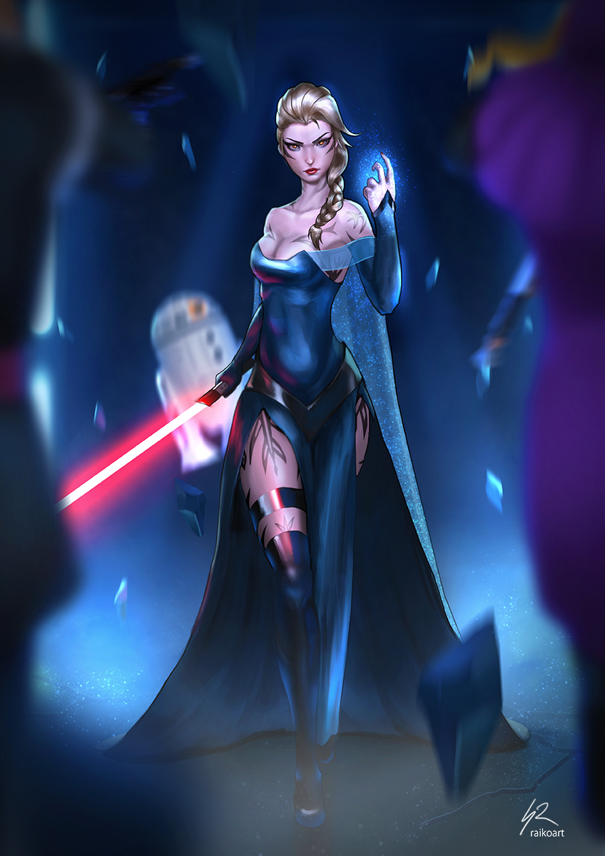 1girl adapted_costume anna_(frozen) astromech blonde_hair breasts cape cleavage crossover dark_persona dress elsa_(frozen) energy_sword frozen_(disney) glowing glowing_weapon highres lightsaber long_hair parody raikoart red_eyes sith star_wars sword tattoo weapon