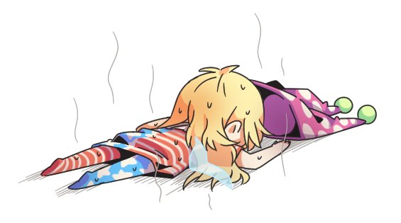 1girl american_flag_legwear american_flag_shirt blonde_hair clownpiece commentary_request fairy_wings hat hat_removed headwear_removed jester_cap long_hair lying on_stomach ori_(yellow_duckling) polka_dot_hat purple_hat short_sleeves simple_background solo sweat touhou white_background wings