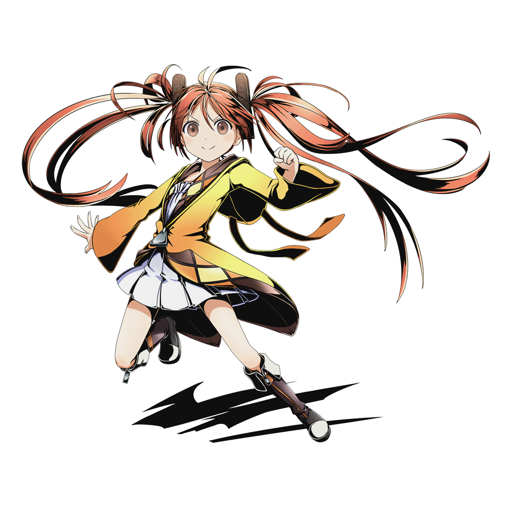 1girl aihara_enju black_bullet boots brown_eyes brown_hair divine_gate dress floating_hair full_body hair_ornament jacket long_hair looking_at_viewer official_art one_leg_raised outstretched_arm pleated_dress shadow smile solo transparent_background twintails ucmm very_long_hair white_dress yellow_jacket