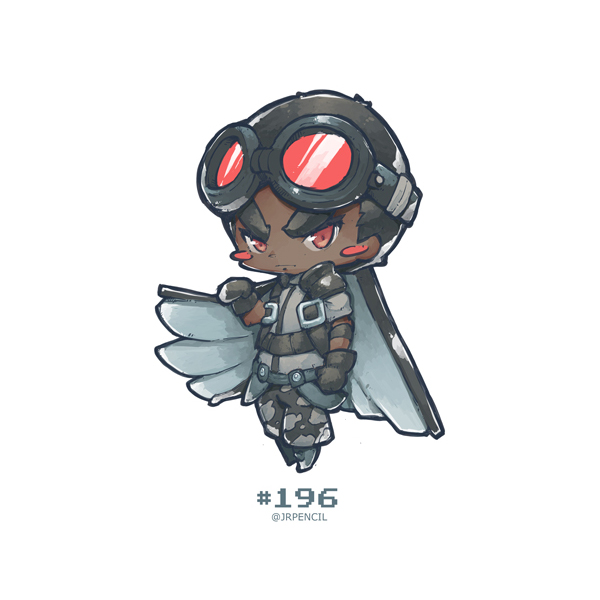 1boy artist_name black_hair blush boots brown_eyes chibi dark_skin gloves goggles goggles_on_head jr4rt marvel metal_wings sam_wilson simple_background solo the_falcon white_background