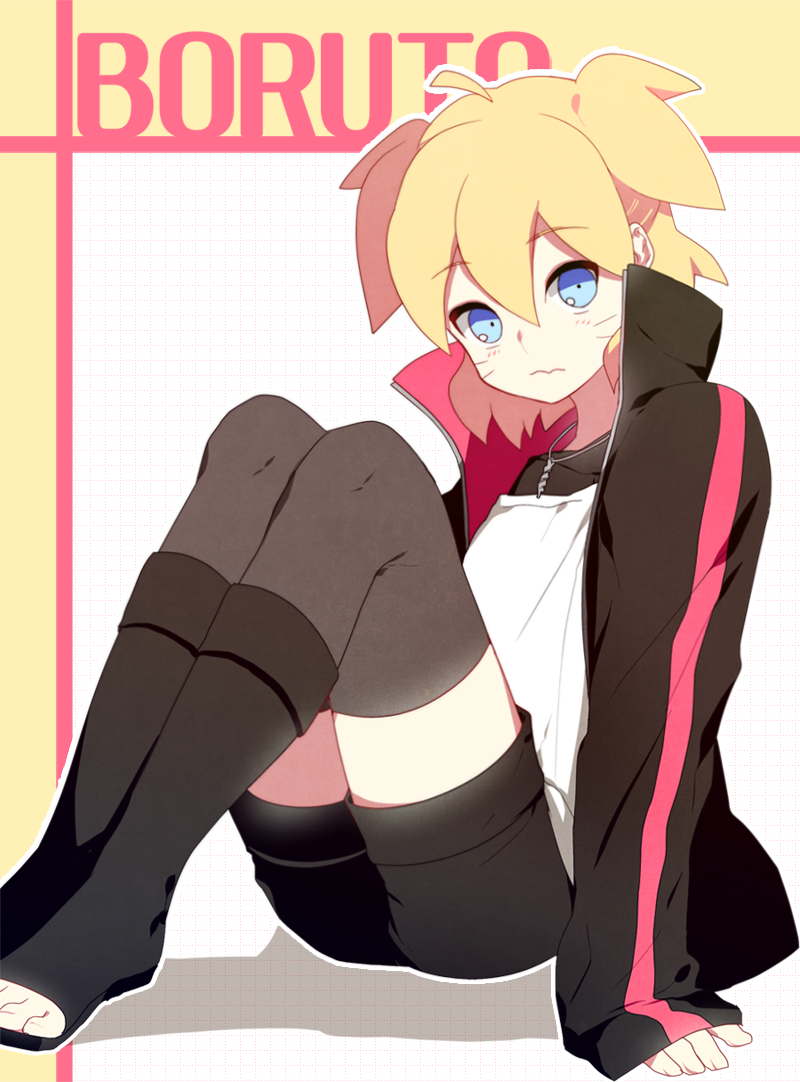 1girl ahoge alternate_hairstyle arm_support bangs black_legwear black_shoes black_shorts blonde_hair blue_eyes boruto:_naruto_the_movie character_name closed_mouth eyebrows eyebrows_visible_through_hair facial_mark genderswap genderswap_(mtf) hair_between_eyes high_collar jacket jewelry long_sleeves naruto necklace nipye open_toe_shoes outline shoes short_hair shorts sitting sleeves_past_wrists solo thigh-highs twintails uzumaki_boruto wavy_mouth