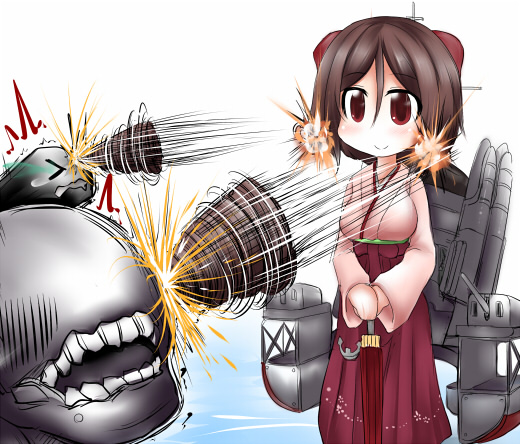 &gt;_&lt; 1girl anchor blush bow breasts brown_hair closed_eyes commentary_request drill drill_hair hair_bow hakama harukaze_(kantai_collection) japanese_clothes kantai_collection kimono long_hair machinery open_mouth oriental_umbrella ouno_(nounai_disintegration) pink_kimono red_bow red_eyes red_hakama red_skirt shinkaisei-kan skirt smile teeth torpedo turret twin_drills umbrella v_arms violet_eyes