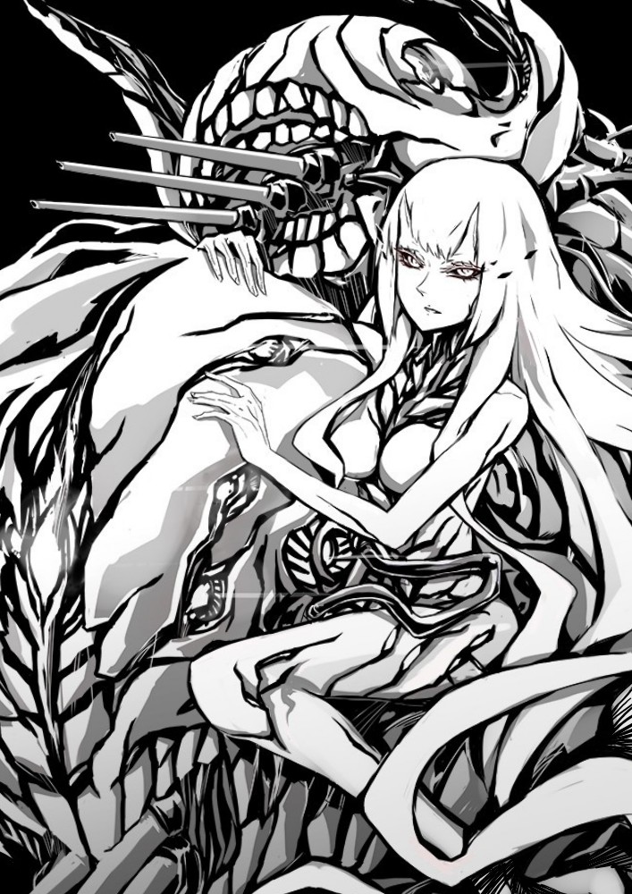 1girl absurdly_long_hair black_background black_sclera central_hime coolnova greyscale horns kantai_collection long_hair looking_at_viewer machinery monochrome shinkaisei-kan veins very_long_hair