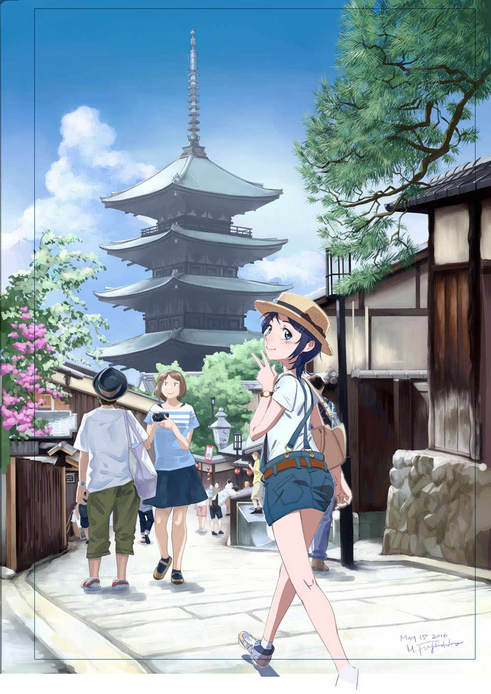 1boy 2girls architecture artist_name bag black_hair blue_eyes blurry blush bowler_hat brown_hair camera capri_pants cherry_blossoms clouds commentary dated depth_of_field east_asian_architecture hair_ornament hairclip handbag hat highres kyoto lantern looking_at_viewer looking_back multiple_girls original overalls pagoda pants paper_lantern purple_hair ramii real_world_location road scenery short_hair shorts signature skirt sky smile stone_lantern straw_hat suspenders tower tree v viewfinder walking yasaka_pagoda
