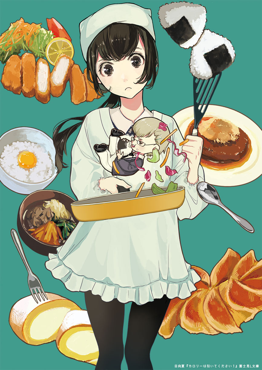 1girl black_eyes black_legwear blue_background commentary_request dress food fruit frying_pan hat highres holding lemon lemon_slice long_hair long_sleeves looking_at_viewer nori_(seaweed) official_art onigiri original pantyhose peter_pan_collar plate ponytail rice simple_background spatula standing suono translation_request white_dress