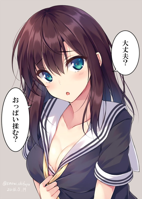 1girl aqua_eyes blush bra breasts brown_hair character_request cleavage collarbone copyright_request dated eyebrows eyebrows_visible_through_hair grey_background long_hair open_mouth pulled_by_self school_uniform sena_chifuyu shirt_pull simple_background solo speech_bubble translated tsurime twitter_username underwear upper_body