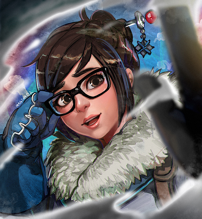 1girl adjusting_glasses brown_eyes brown_hair glasses gloves hair_bun hair_ornament hairpin lipstick looking_at_viewer magion02 makeup mei_(overwatch) overwatch parted_lips profile smile solo