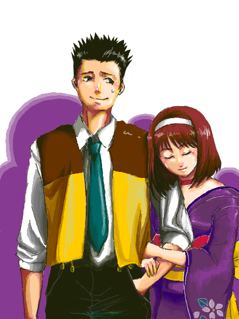 1boy 1girl bare_shoulders black_hair choker closed_eyes facing_viewer hairband height_difference japanese_clothes kahukakaka kanzaki_sumire kimono locked_arms looking_at_another looking_to_the_side mole mole_under_eye necktie obi off_shoulder oogami_ichirou pants redhead sakura_taisen sash shoulder_rest simple_background sleeves_pushed_up spiky_hair sweatdrop