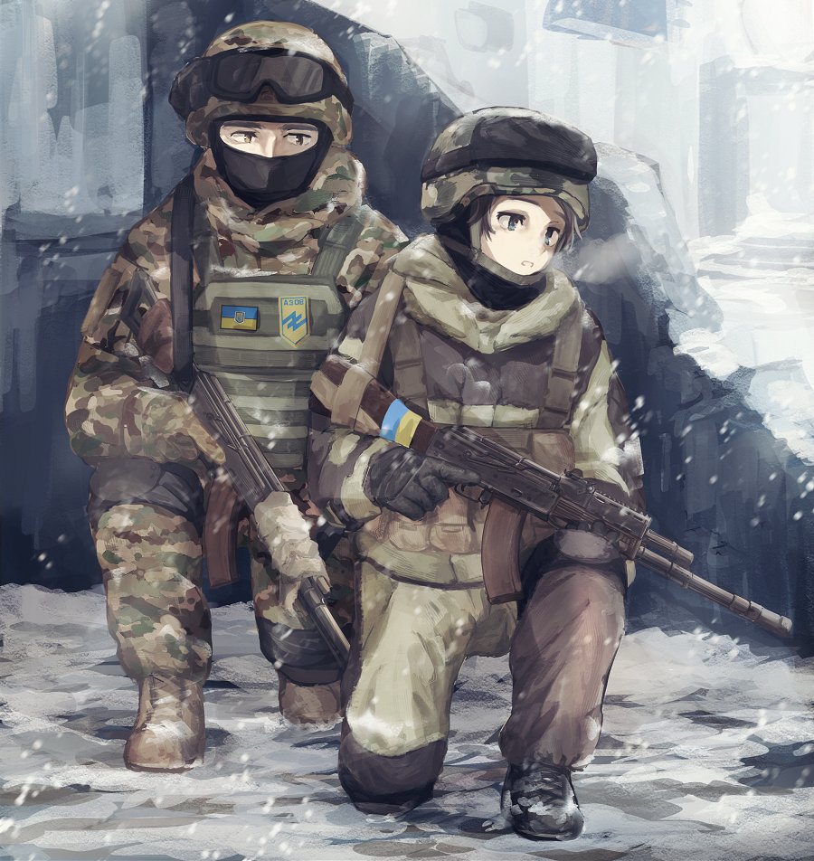 ak-74 assault_rifle blue_eyes brown_eyes gun helmet military military_uniform msc_nm original rifle snow snowing uniform weapon winter