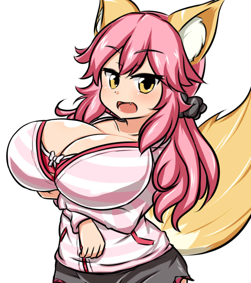 1girl animal_ears breasts caster_(fate/extra) cleavage fang fate/extra fate_(series) fox_ears fox_tail hair_ribbon huge_breasts looking_at_viewer moyashi_udon open_mouth pink_hair ribbon simple_background solo tail tamamo_cat_(fate/grand_order) white_background yellow_eyes