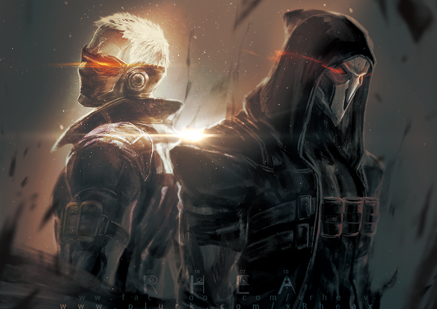 2boys arm_strap armor armored_dress artist_name black_clothes black_jacket coat covered_mouth face_mask glowing glowing_eyes hood hooded_jacket jacket mask multiple_boys overwatch reaper_(overwatch) scar short_hair shotgun_shells skull_mask soldier:_76_(overwatch) trench_coat upper_body visor watermark web_address white_hair xrheax