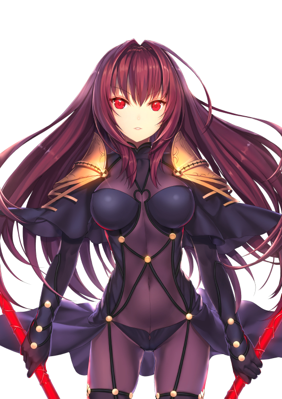 1girl armor bodysuit breasts capelet covered_navel cowboy_shot dual_wielding eyebrows eyebrows_visible_through_hair fate/grand_order fate_(series) gae_bolg glint glowing glowing_weapon holding holding_weapon large_breasts long_hair looking_at_viewer parted_lips pauldrons purple_hair red_eyes sakuyosi scathach_(fate/grand_order) serious shoulder_pads simple_background skin_tight solo very_long_hair weapon white_background
