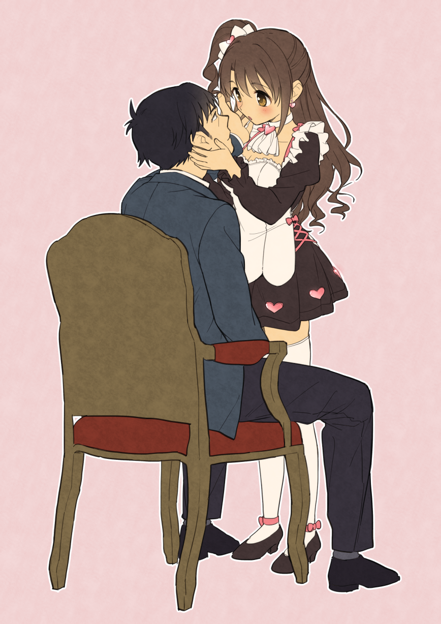 1boy 1girl :o back between_legs black_dress black_pants black_shoes blue_jacket blush bow brooch brown_hair chair closed_mouth cross-laced_clothes dress eye_contact frilled_sleeves frills full_body gem grey_legwear hair_bow hand_on_another's_cheek hand_on_another's_face heart hetero highres idolmaster idolmaster_cinderella_girls jacket jewelry juliet_sleeves long_hair long_sleeves looking_at_another nanonin one_side_up pants pink_background pleated_dress producer_(idolmaster_cinderella_girls_anime) profile puffy_sleeves shimamura_uzuki shoes sideburns sitting sitting_on_chair smile socks standing thigh-highs white_apron white_bow white_legwear yellow_eyes
