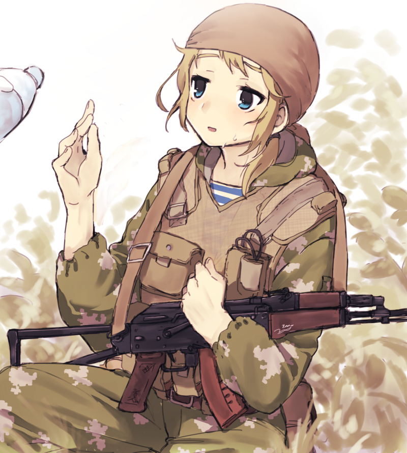 ak-74 assault_rifle bandana blonde_hair blue_eyes bottle gun military military_uniform msc_nm original rifle shirt striped striped_shirt telnyashka uniform water_bottle weapon