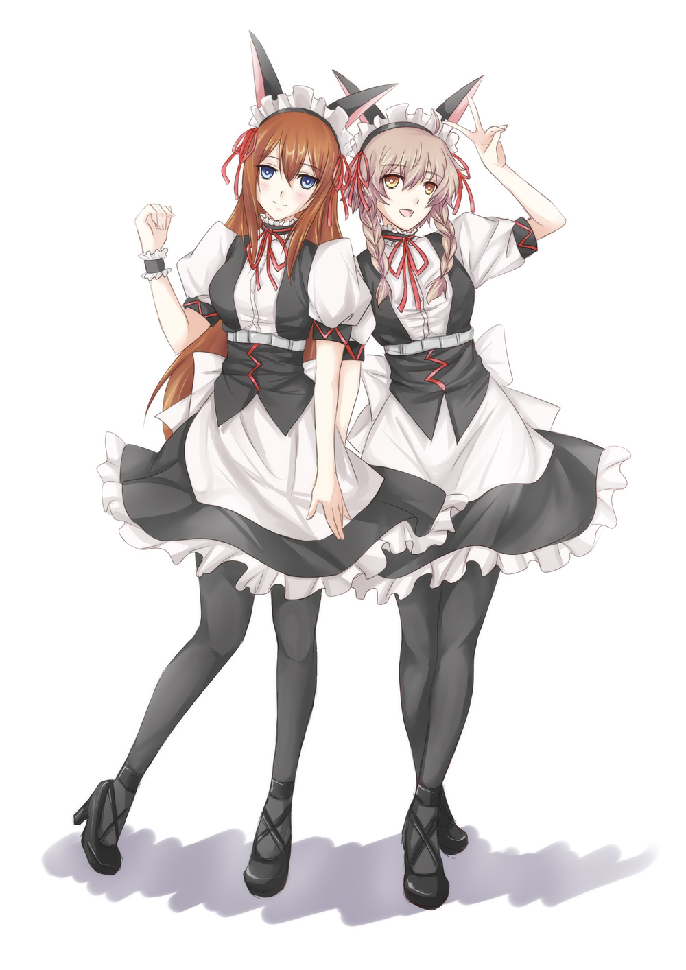 2girls amane_suzuha animal_ears black_legwear blue_eyes braid brown_eyes brown_hair cat_ears highres long_hair maid_headdress makise_kurisu multiple_girls open_mouth pantyhose simple_background smile steins;gate twin_braids twintails v white_background