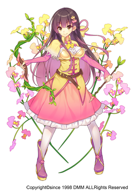 1girl belt bow_(weapon) brown_hair flower flower_knight_girl full_body gradient_hair hair_ornament hairclip ionocidium_(flower_knight_girl) long_hair looking_at_viewer multicolored_hair pantyhose pink_hair pink_skirt purple_shoes shawl shoes skirt smile solo standing sugimeno weapon white_background white_legwear yellow_eyes