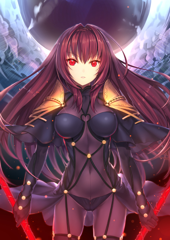 1girl armor bodysuit breasts capelet covered_navel cowboy_shot eyebrows eyebrows_visible_through_hair fate/grand_order fate_(series) gae_bolg glint glowing glowing_weapon holding holding_weapon large_breasts long_hair looking_at_viewer parted_lips purple_hair red_eyes sakuyosi scathach_(fate/grand_order) serious shoulder_pads skin_tight solo very_long_hair weapon