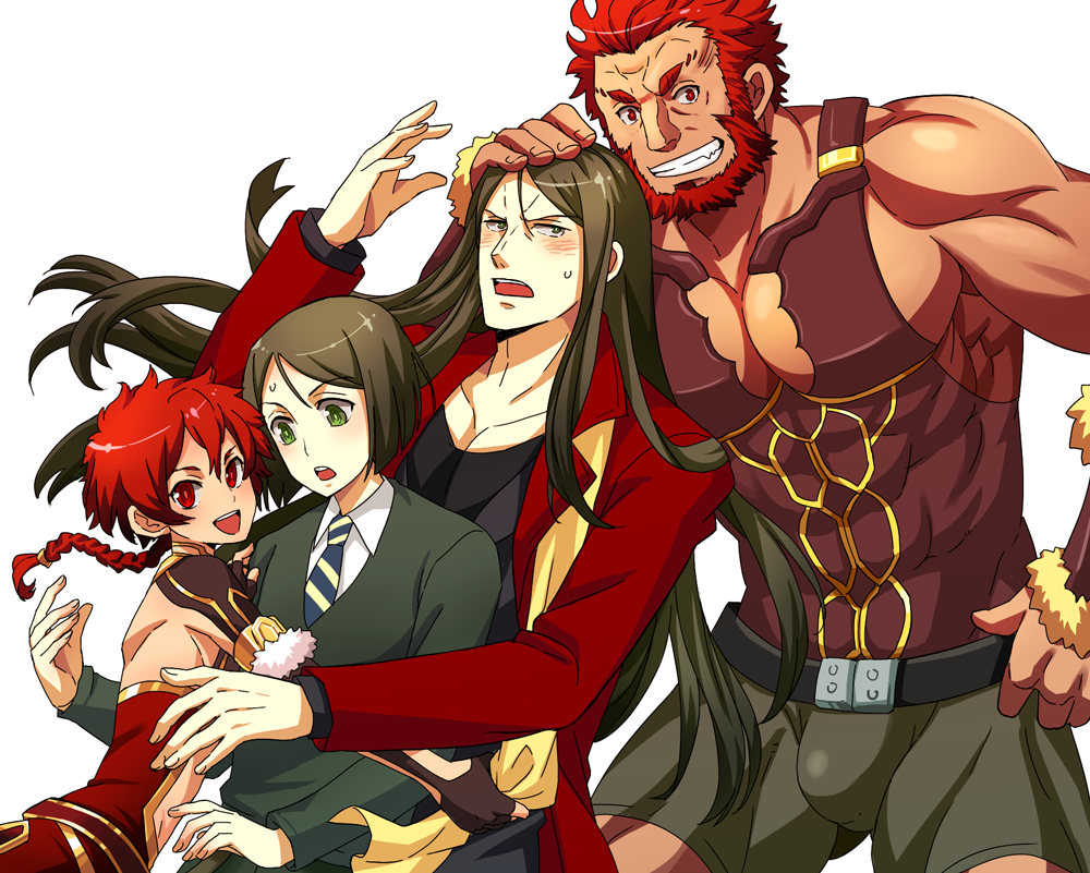 4boys age_comparison alexander_(fate/grand_order) beard braid brown_hair dual_persona facial_hair fate/grand_order fate/zero fate_(series) fingerless_gloves gloves green_eyes long_coat long_hair lord_el-melloi_ii multiple_boys muscle red_eyes redhead rider_(fate/zero) short_hair waver_velvet yamp