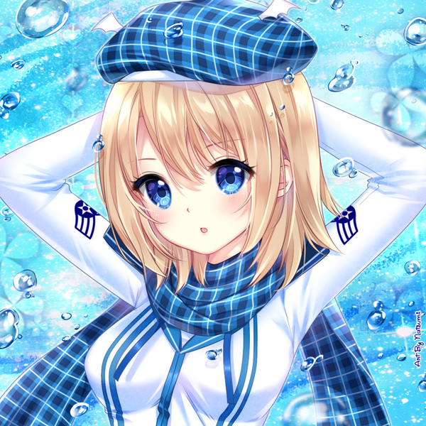 1girl :o arms_behind_head arms_up artist_name beret blonde_hair blue_eyes blue_hat blue_scarf blush borrowed_character emblem eyelashes hat hat_wings jacket long_sleeves looking_at_viewer open_mouth original plaid plaid_hat plaid_scarf portrait recirah scarf short_hair solo tareme uniform upper_body water water_drop white_jacket xnamii