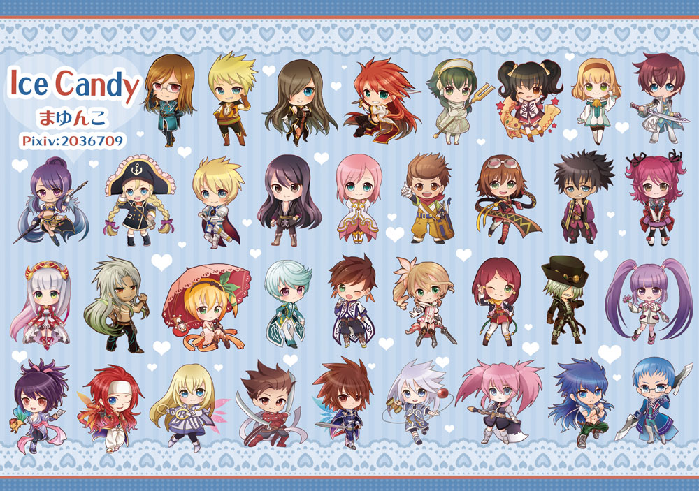 6+boys 6+girls alisha_diphda anise_tatlin asbel_lhant axe black_hair black_hat blonde_hair blue_background blue_eyes blue_hair braid brown_hair chakram cheria_barnes chibi collet_brunel corrine dezel_(tales) dual_wielding edna_(tales) estellise_sidos_heurassein everyone flynn_scifo genius_sage glasses gradient_hair green_eyes green_hair guy_cecil hair_bun hair_over_one_eye hat headband hubert_ozwell ion jade_curtiss judith karol_capel kendama kratos_aurion lailah_(tales) lloyd_irving long_hair looking_at_viewer luke_fon_fabre mayu_(15120141) messy_hair mikleo_(tales) multicolored_hair multiple_boys multiple_girls natalia_luzu_kimlasca_lanvaldear patty_fleur pink_hair pirate_hat polearm presea_combatir purple_hair raven_(tov) red_eyes redhead regal_bryan rita_mordio rose_(tales) sheena_fujibayashi side_ponytail smile sophie_(tales) sorey_(tales) spear spiky_hair striped striped_background sword tales_of_(series) tales_of_graces tales_of_symphonia tales_of_the_abyss tales_of_vesperia tales_of_zestiria tear_grants tokunaga twin_braids twintails two_side_up umbrella violet_eyes weapon yuri_lowell zaveid_(tales) zelos_wilder