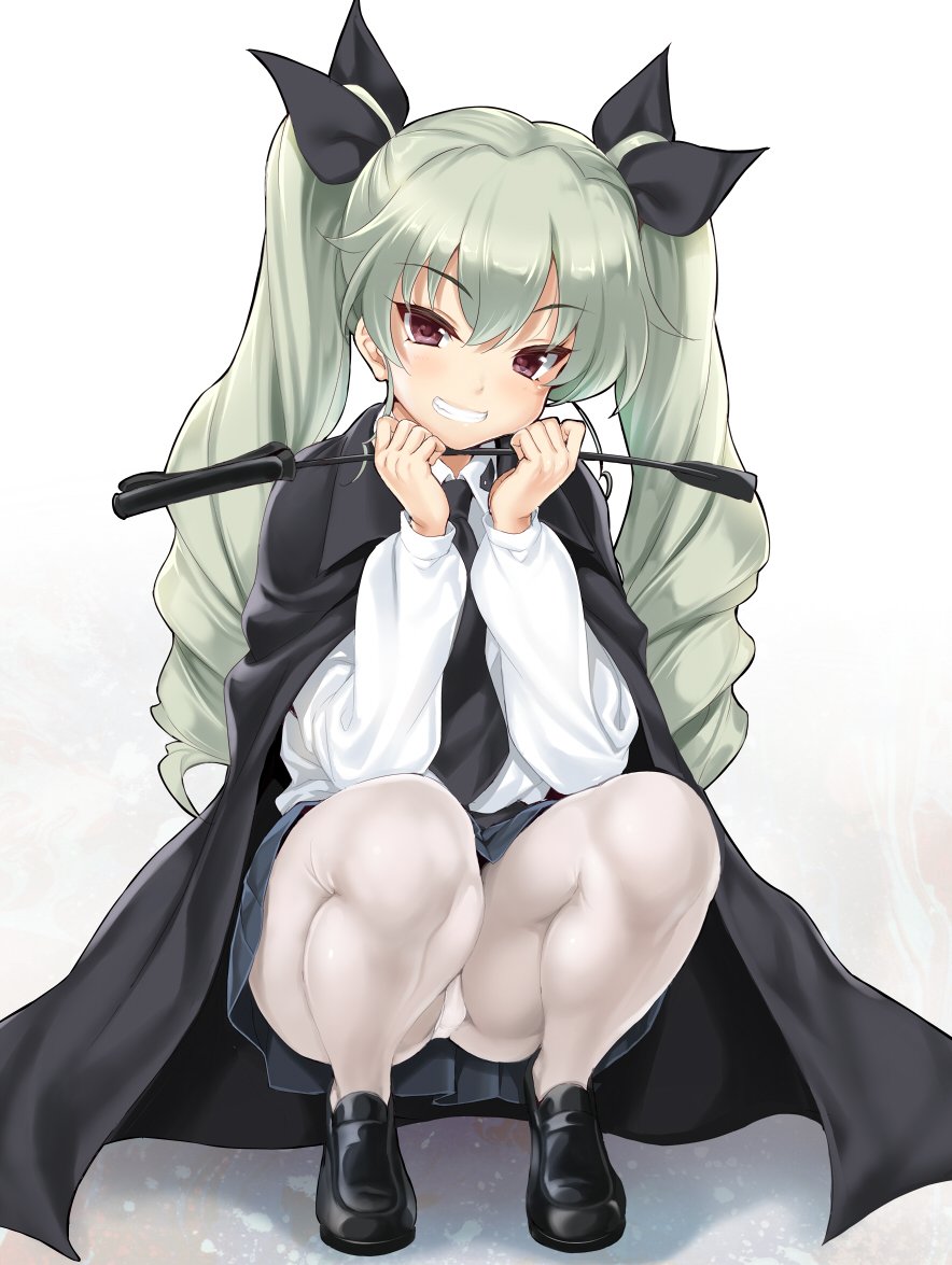 1girl anchovy brown_eyes cape character_request drill_hair girls_und_panzer green_hair grin hair_ribbon holding kure_masahiro looking_at_viewer necktie panties pantyhose pantyshot pantyshot_(squatting) pleated_skirt ribbon riding_crop shoes simple_background skirt smile solo squatting twin_drills underwear white_background white_legwear white_panties