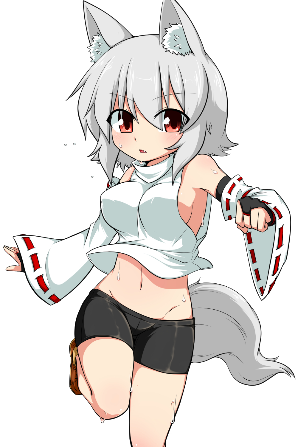 1girl animal_ears bare_shoulders bike_shorts blush bouncing_breasts breasts bridal_gauntlets d: detached_sleeves fang highres inubashiri_momiji katsumi5o looking_at_viewer navel no_bra open_mouth perky_breasts red_eyes running shoes short_hair sideboob solo sweat tail touhou turtleneck wolf_ears wolf_tail