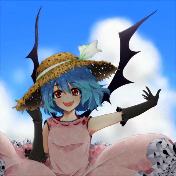 1girl :d adapted_costume adjusting_clothes adjusting_hat alternate_costume armpits bat_wings black_gloves blue_hair blush clouds cloudy_sky dress elbow_gloves fangs gloves hat hat_ribbon ifuji_sakura looking_at_viewer open_mouth outstretched_arm pink_dress red_eyes remilia_scarlet ribbon short_hair skirt skirt_set sky sleeveless smile solo straw_hat sundress touhou upper_body wings