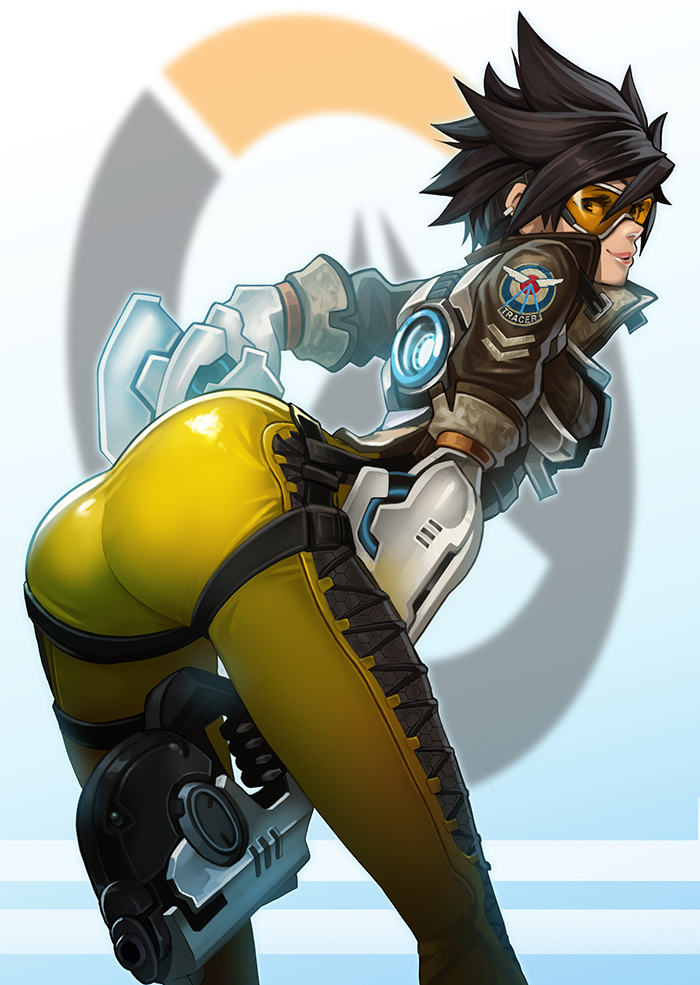 1girl ass bodysuit bomber_jacket brown_eyes brown_hair goggles goomrrat gun handgun jacket leaning_forward looking_at_viewer overwatch parted_lips pistol short_hair smile solo spiky_hair thighs tight tracer_(overwatch) weapon