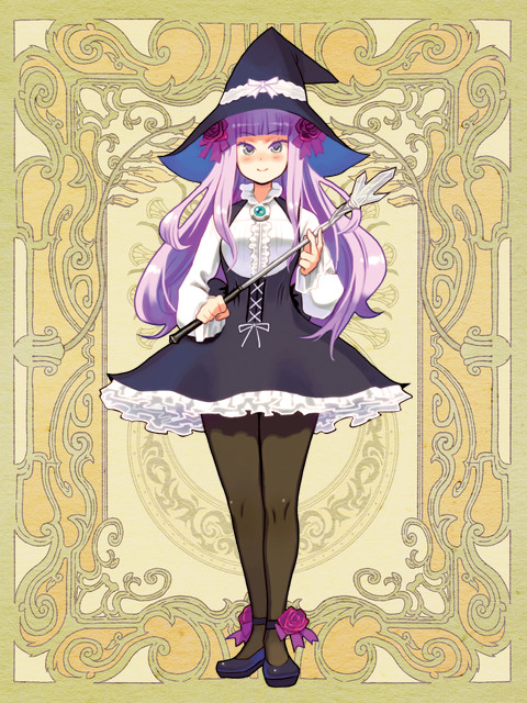 1girl bangs black_legwear blunt_bangs character_request dress flower full_body hair_flower hair_ornament hat holding legs_together long_sleeves looking_at_viewer mary_janes pantyhose petticoat psychic_hearts purple_hair ryoji_(nomura_ryouji) shoes short_dress skirt smile solo underbust violet_eyes wand witch_hat
