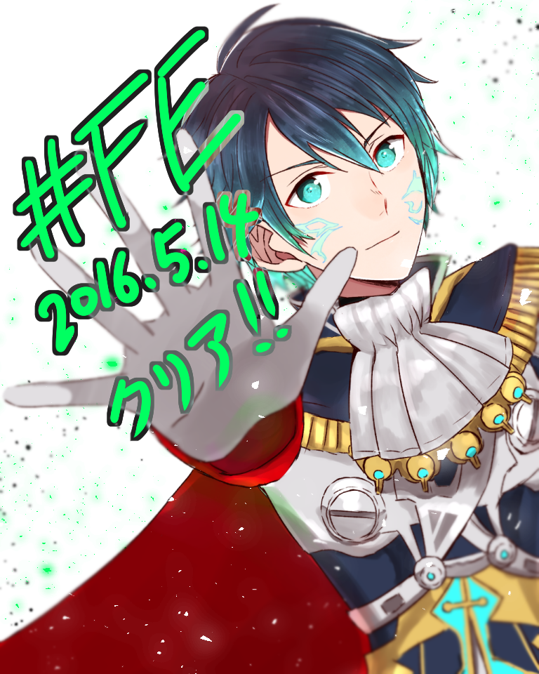 !! 1boy aoi_itsuki aqua_eyes blue_hair cape chlxms copyright_name dated epaulettes facial_mark gen'ei_ibunroku_sharp_fe gloves solo white_background