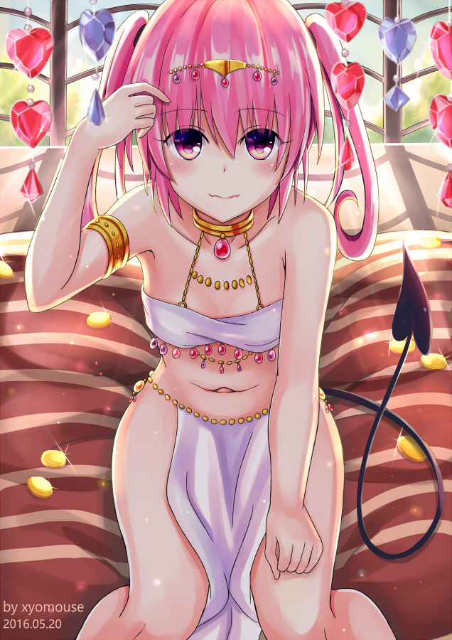 1girl armlet demon_tail long_hair midriff nana_asta_deviluke navel pink_hair short_hair solo tail to_love-ru to_love-ru_darkness twintails violet_eyes xyomouse