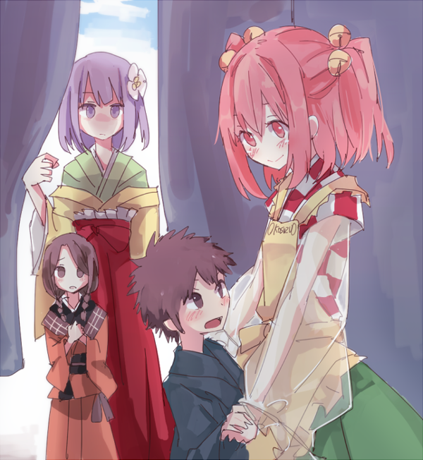 1boy 3girls apron bell blue_sky blush braid brown_eyes brown_hair character_name checkered_shirt child clouds curtains day flower frilled_apron frills frown green_skirt hair_bell hair_flower hair_ornament height_difference hieda_no_akyuu japanese_clothes kimono layered_clothing layered_kimono looking_at_another looking_down looking_up motoori_kosuzu multiple_girls no_pupils obi open_mouth purple_hair red_eyes redhead sash shaded_face shiroshi_(denpa_eshidan) shirt short_hair sidelocks skirt sky smile spiky_hair standing touching touhou transparent_sleeves twin_braids two_side_up violet_eyes walk-in walking yandere