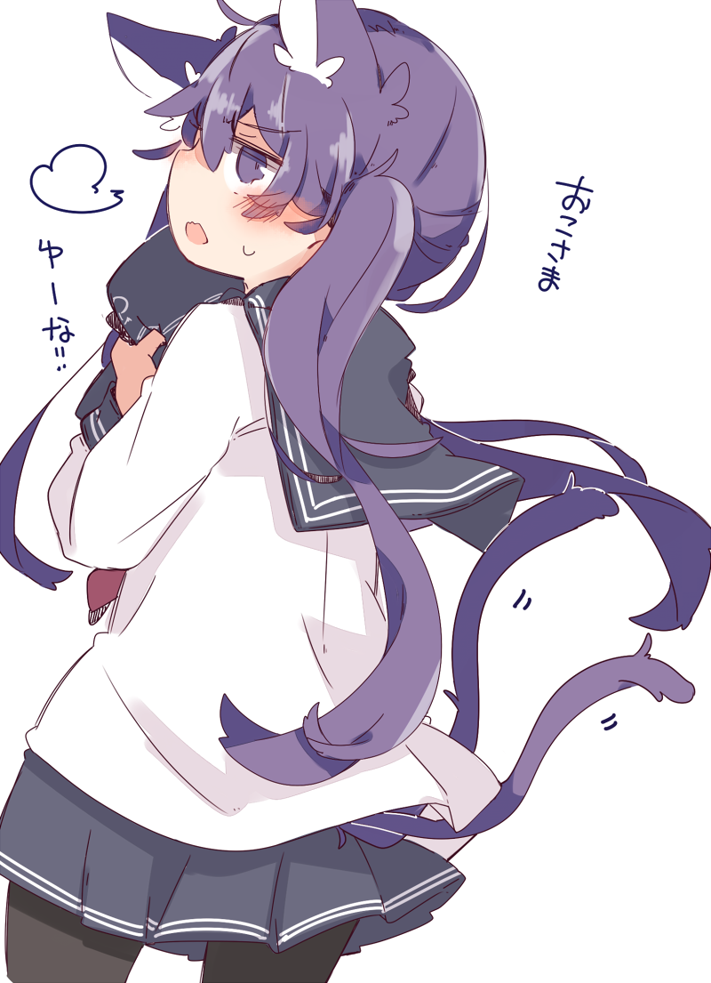 1girl age_conscious akatsuki_(kantai_collection) alternate_hairstyle anchor_symbol animal_ears blush blush_stickers cat_ears cat_tail hat hat_removed headwear_removed kantai_collection kemonomimi_mode looking_at_viewer multiple_tails pantyhose pepekekeko purple_hair school_uniform serafuku solo tail translated twintails twintails_day two_tails violet_eyes white_background