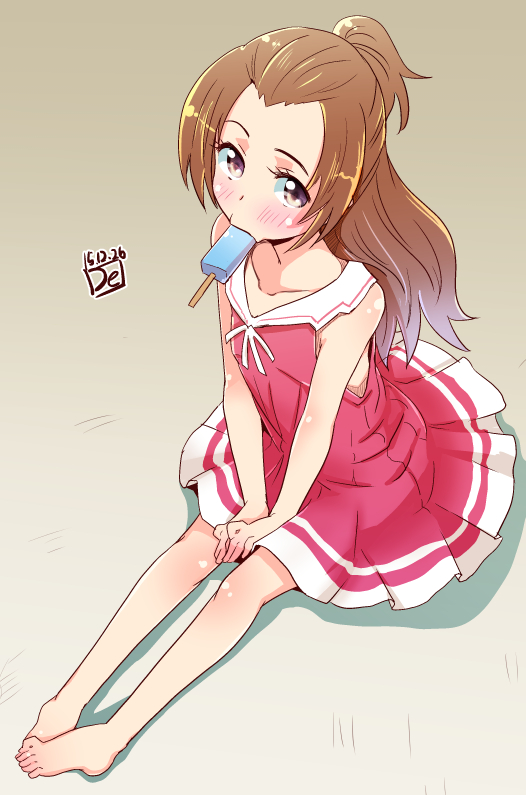 1girl blush brown_background brown_hair dated de_(deys) dokidoki!_precure dress gradient gradient_background legs long_hair looking_at_viewer madoka_aguri mouth_hold popsicle precure red_dress signature sitting sleeveless solo violet_eyes