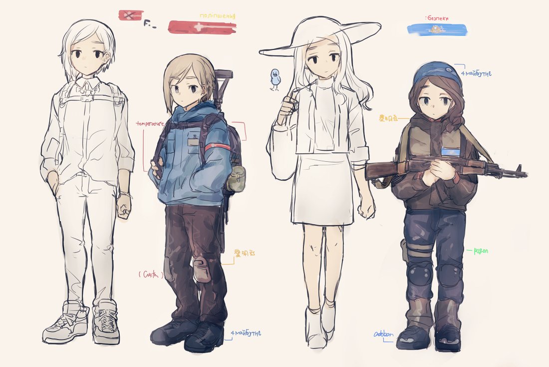 ak-47 assault_rifle backpack bag bird black_eyes blonde_hair brown_hair english gun hat japanese msc_nm original rifle shoes skirt sneakers tagme ukrainian weapon white_hair white_hat white_skirt