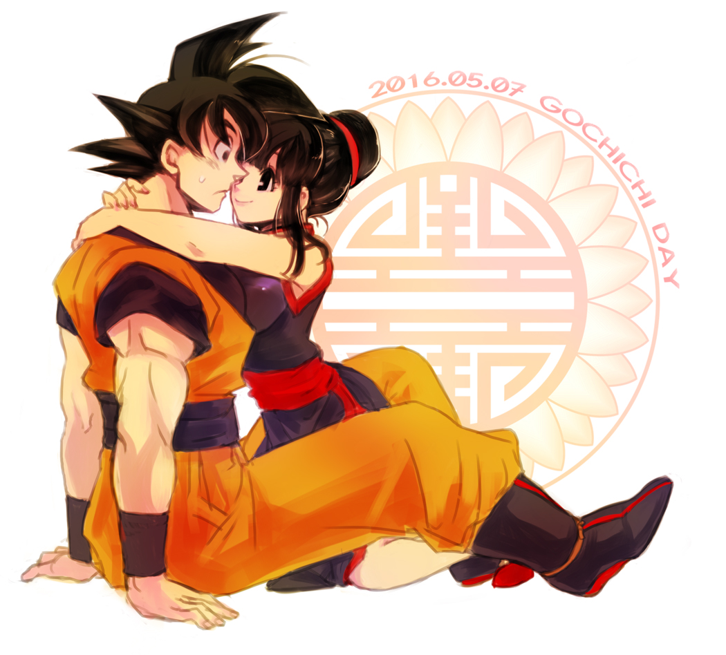 1boy 1girl arms_around_neck black_eyes black_hair boots chi-chi_(dragon_ball) chinese_clothes dated dougi dragon_ball dragon_ball_z frown hair_bun husband_and_wife kneeling sitting smile son_gokuu sweatdrop wristband yochimune