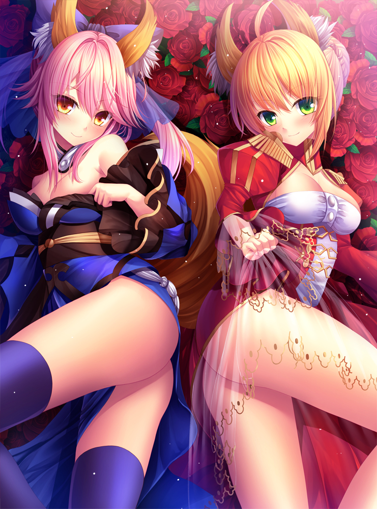 2girls ahoge animal_ears blonde_hair blue_legwear blush bow caster_(fate/extra) epaulettes fate/extra fate_(series) flower green_eyes hair_bow japanese_clothes kimono looking_at_viewer lying multiple_girls obi on_side pink_hair saber saber_extra sash see-through skirt skirt_lift smile thigh-highs toshi_(1-147)