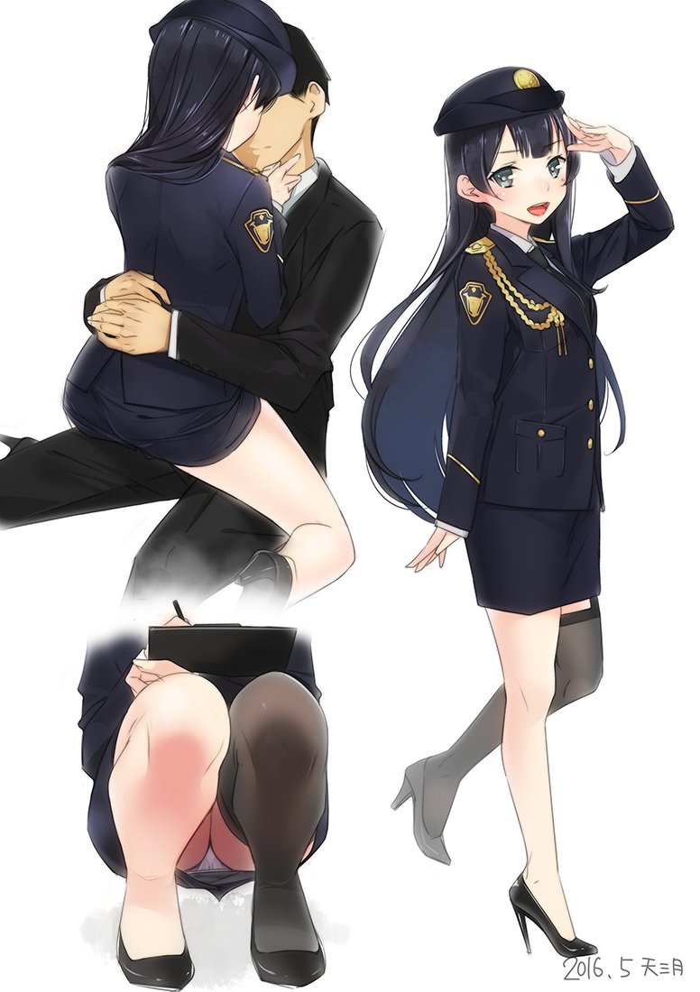 1boy 1girl agano_(kantai_collection) alternate_costume ama_mitsuki black_hair black_legwear black_shoes clipboard dated female_service_cap garter_straps green_eyes hat high_heels hug jacket kantai_collection long_hair miniskirt mismatched_legwear multiple_views necktie open_mouth panties pantyshot pantyshot_(squatting) pen pencil_skirt police police_hat police_uniform policewoman salute shoes single_thighhigh sitting sitting_on_lap sitting_on_person skirt smile squatting standing_on_one_leg thigh-highs underwear uniform white_background white_panties writing