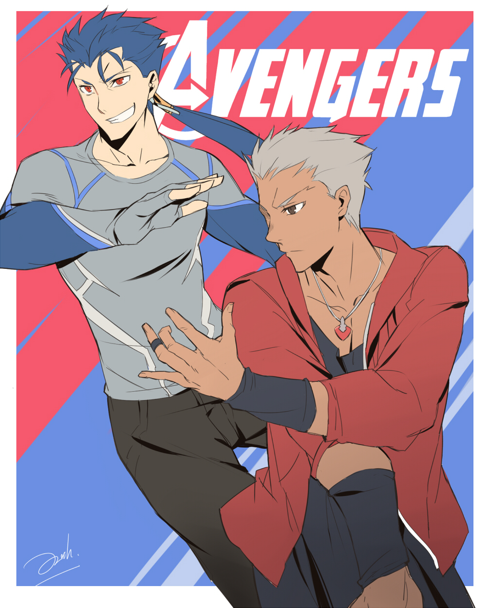 2boys abs archer avengers bianyuanqishi black_skin brown_eyes collarbone fate/stay_night fate_(series) grin highres jewelry lancer long_hair marvel multiple_boys necklace pants parody red_eyes shirt short_hair smile