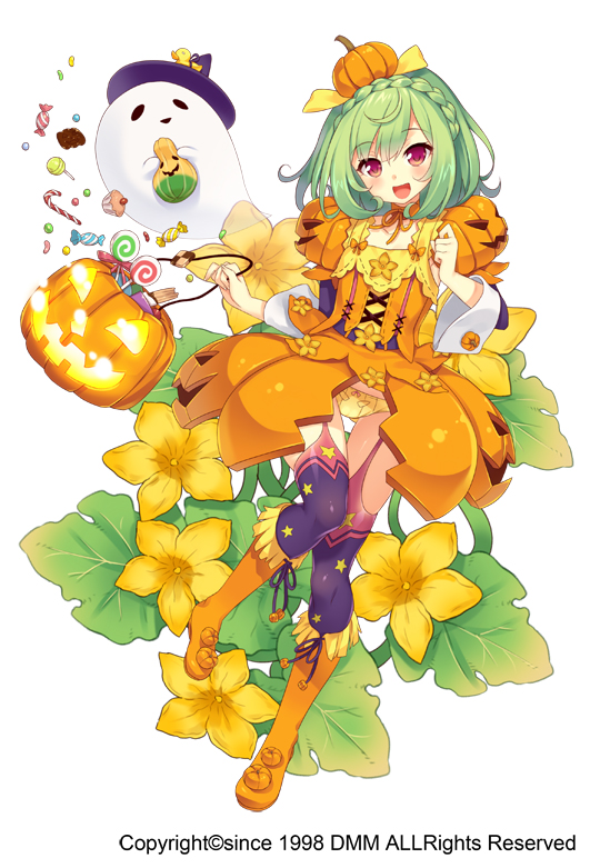 1girl :d boots braid candy candy_cane crown_braid flower flower_knight_girl food_themed_clothes food_themed_hair_ornament full_body ghost green_hair hair_ornament hat jack-o'-lantern knee_boots lollipop looking_at_viewer open_mouth orange_boots orange_skirt panties pepo_(flower_knight_girl) pumpkin_hair_ornament purple_legwear red_eyes short_hair skirt smile solo squash standing sugimeno swirl_lollipop thigh-highs underwear white_background witch_hat yellow_panties
