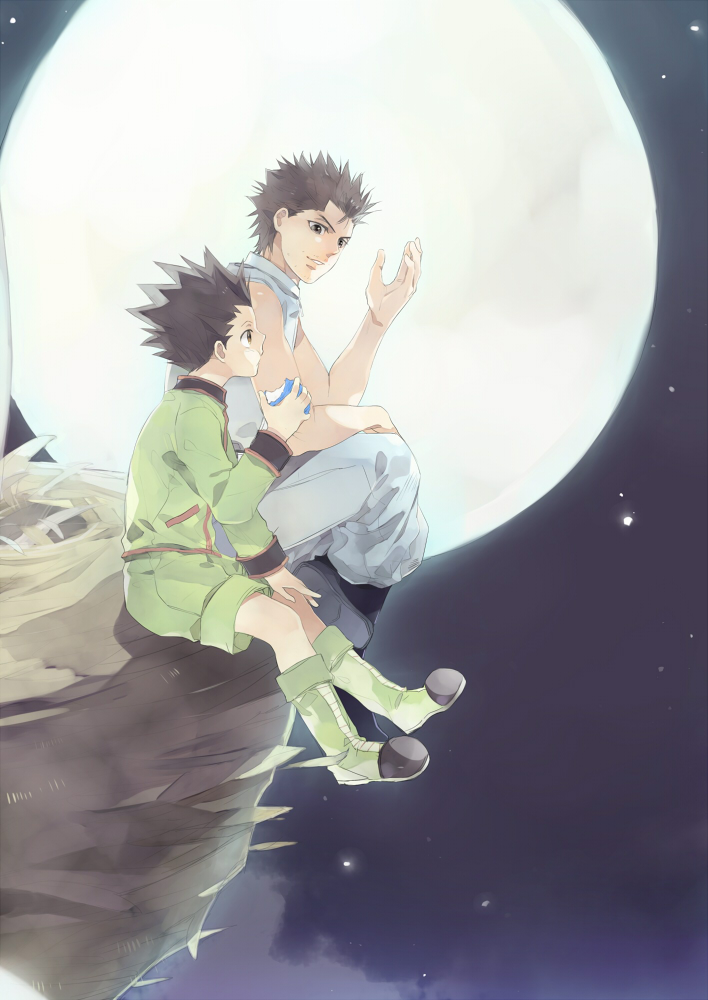 2boys black_boots black_eyes black_hair boots earrings father_and_son food from_side full_moon get3 ging_freecss gon_freecss green_boots green_shorts holding holding_food hunter_x_hunter jewelry long_sleeves male_focus moon multiple_boys nest night night_sky outdoors pants parted_lips profile shade sitting sky sleeveless spiky_hair spoilers star_(sky) talking white_pants