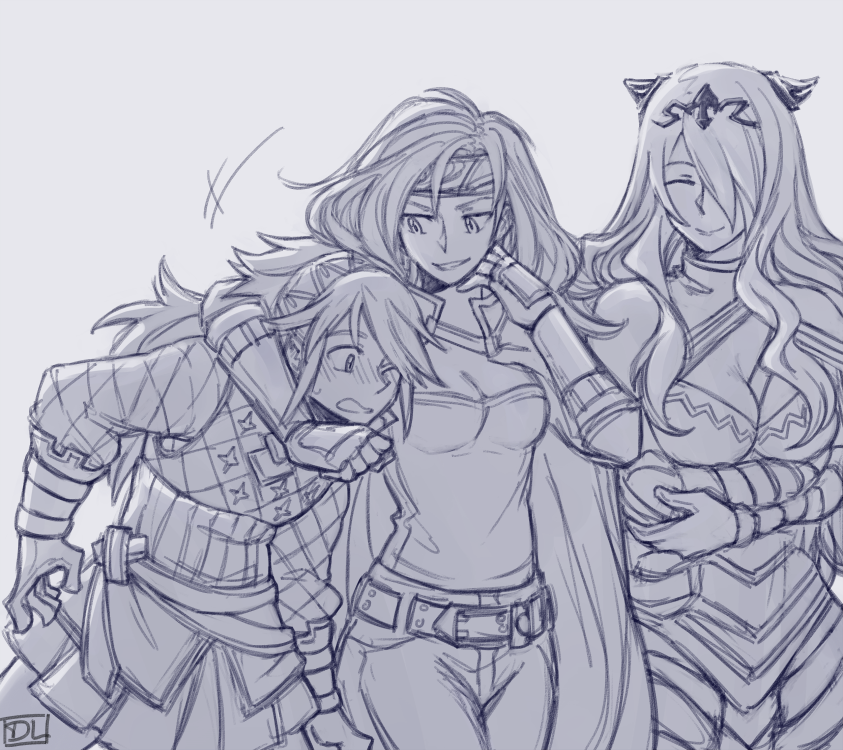 3girls armor artist_name belt breasts camilla_(fire_emblem_if) cape cleavage closed_eyes commentary crossed_arms dl fingerless_gloves fire_emblem fire_emblem:_akatsuki_no_megami fire_emblem_if gloves hair_ornament hair_over_breasts hair_over_one_eye hairband headpiece heather_(fire_emblem) leaning long_hair monochrome multiple_girls one_eye_closed pants sketch smile soleil_(fire_emblem_if) speed_lines standing strapless tiara tubetop wavy_hair