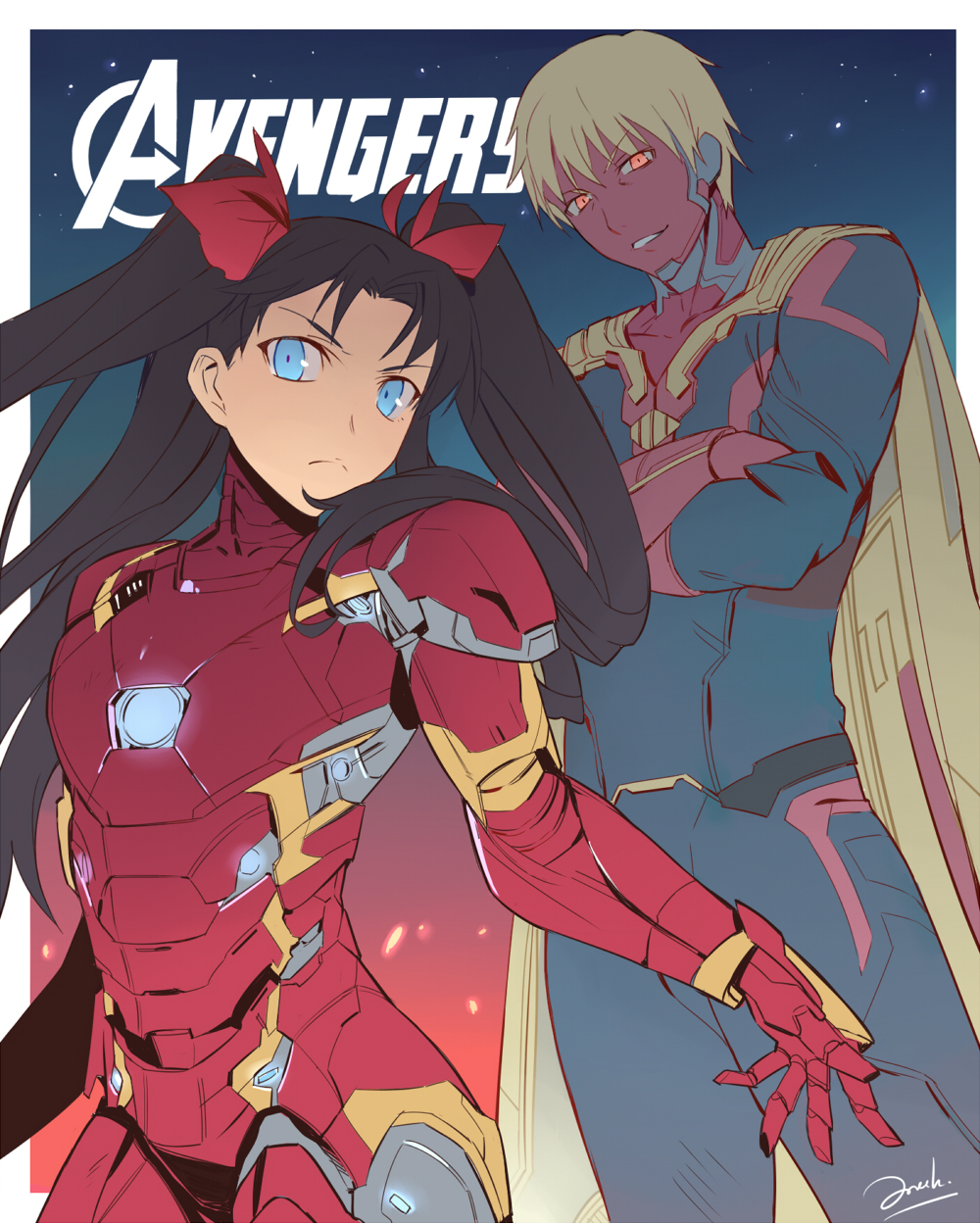 1boy 1girl armor avengers avengers:_age_of_ultron bianyuanqishi blue_eyes cosplay facial_mark fate/stay_night fate_(series) highres iron_man iron_man_(cosplay) marvel parody power_armor toosaka_rin twintails vision_(marvel) vision_(marvel)_(cosplay)