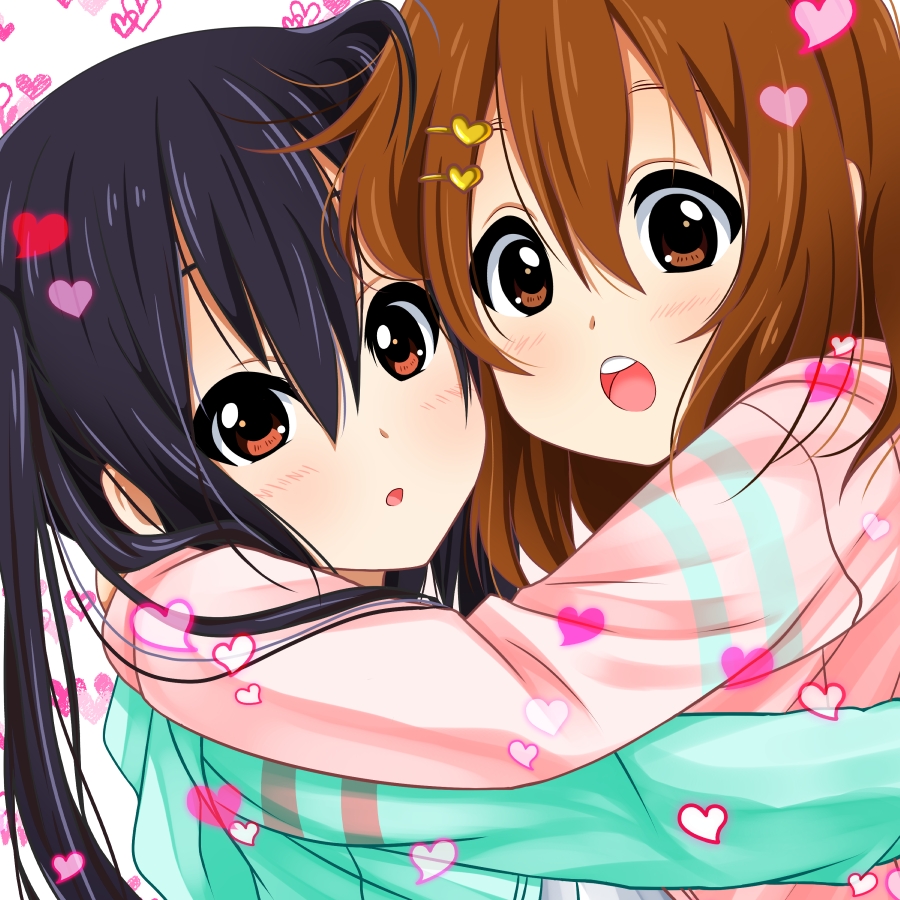 2girls :d :o alternate_costume baretto black_hair brown_eyes brown_hair commentary_request hair_ornament hairpin hirasawa_yui hug k-on! multiple_girls nakano_azusa open_mouth red_eyes smile twintails