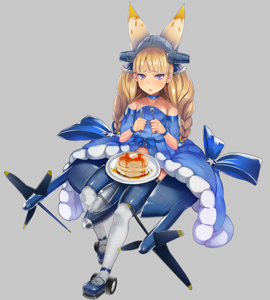 :&lt; aircraft airplane artist_request bare_shoulders blonde_hair blue_shoes butter choker cockpit fork grey_background hair_ornament knife long_hair mecha_musume navy pancake personification propeller shoes simple_background stack_of_pancakes syrup thigh-highs tray twintails violet_eyes white_legwear world_war_ii xf5u