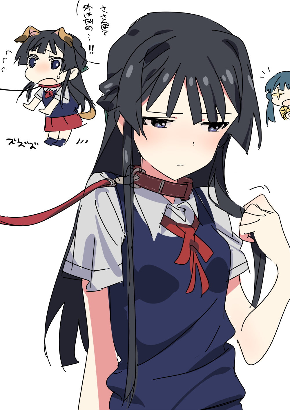 +_+ 2girls animal_ears black_hair blue_eyes blue_hair blush collar dog_collar dog_ears dog_tail highres idolmaster idolmaster_million_live! kitakami_reika leash long_hair mogami_shizuka multiple_girls open_mouth peeking_out red_skirt short_sleeves skirt sweater_vest tail translation_request twintails yomosaka