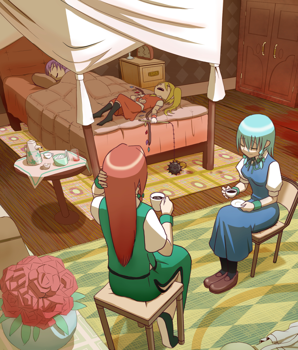 4girls bed bedroom blonde_hair blood blue_dress braid canopy_bed carpet chair chinese_clothes closed_eyes cushion dress flail flandre_scarlet from_behind hair_ribbon hand_behind_head highres hong_meiling indoors izayoi_sakuya lavender_hair light_smile lying morning_star multiple_girls okahi on_back open_mouth redhead remilia_scarlet ribbon silver_hair sitting touhou tress_ribbon twin_braids under_covers weapon white_blouse wings wooden_floor