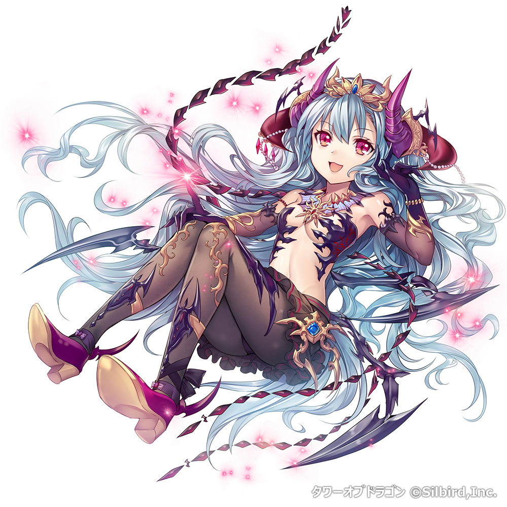 1girl :d armpits bangs bare_shoulders beads blue_hair demon_girl elbow_gloves eyebrows eyebrows_visible_through_hair fang gloves glowing headpiece horns jewelry long_hair looking_at_viewer madogawa navel necklace official_art open_mouth original pantyhose pleated_skirt red_eyes shoes simple_background skirt small_breasts smile tower_of_dragon very_long_hair white_background