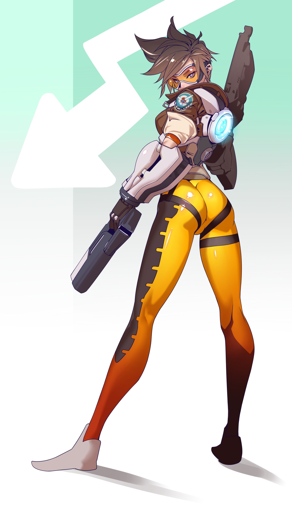 1girl arrow ass brown_hair gun handgun highres looking_at_viewer looking_back overwatch pants pistol short_hair solo tight tight_pants tomoyuki_kotani tracer_(overwatch) weapon