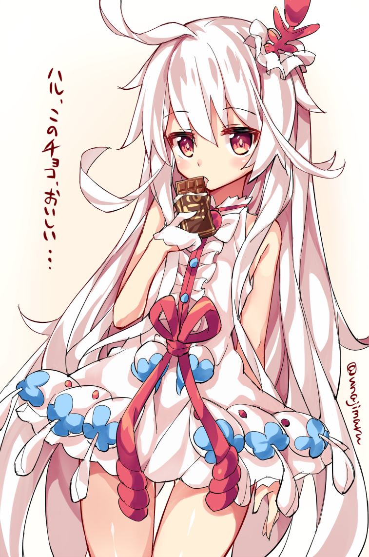 1girl bare_shoulders chocolate chocolate_bar choko_(last_period) company_n copyright_name dress eating eyebrows eyebrows_visible_through_hair food gloves hair_ornament holding holding_food last_period licking long_hair looking_at_viewer red_eyes sleeveless solo thigh_gap translated twitter_username unacchi_(nyusankin) very_long_hair white_dress white_gloves white_hair